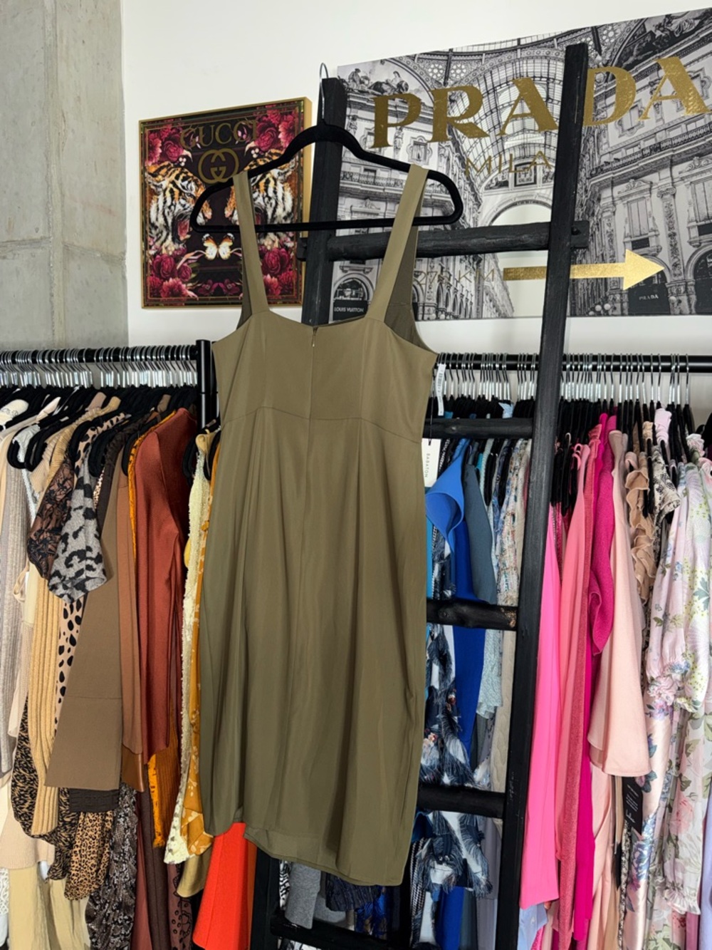 Babaton 90s Slit Satin Midi Dress Olive Green Square Neck Thigh Slit Size 8 New - Picture 8 of 10